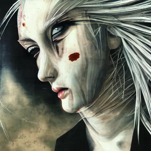 Prompt: Yoshitaka Amano realistic illustration of an anime girl with white hair and cracks on her face wearing dress suit with tie fluttering in the wind, abstract black and white patterns on the background, noisy film grain effect, highly detailed, Renaissance oil painting, weird portrait angle