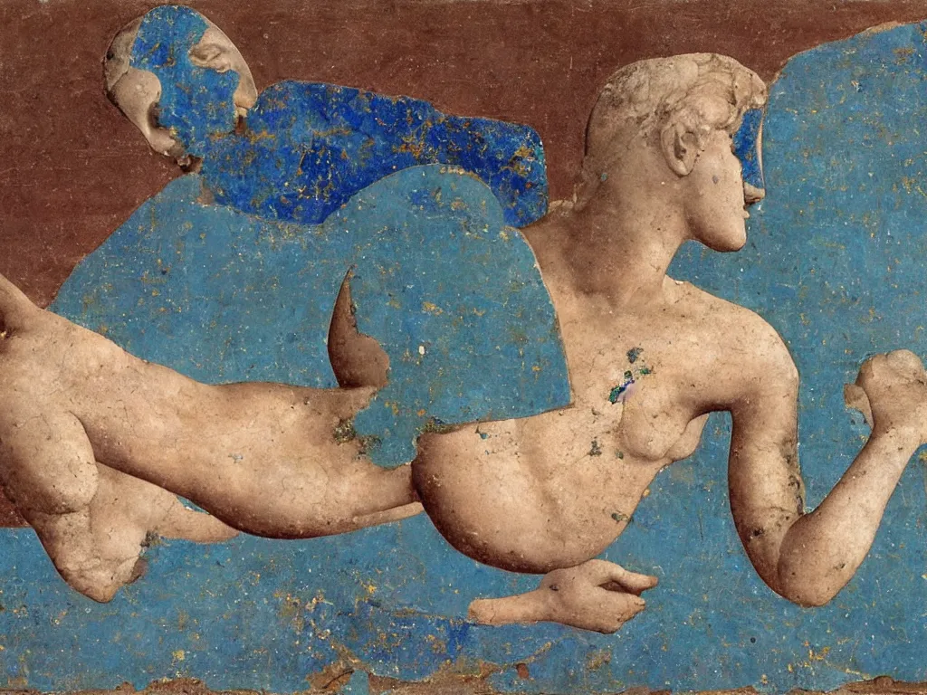 Image similar to broken, ruined marble greek sculpture head lying in the sand. lapis - lazuli, turquoise, malachite, cinnabar, earth brown. painting by piero della francesca, balthus, agnes pelton