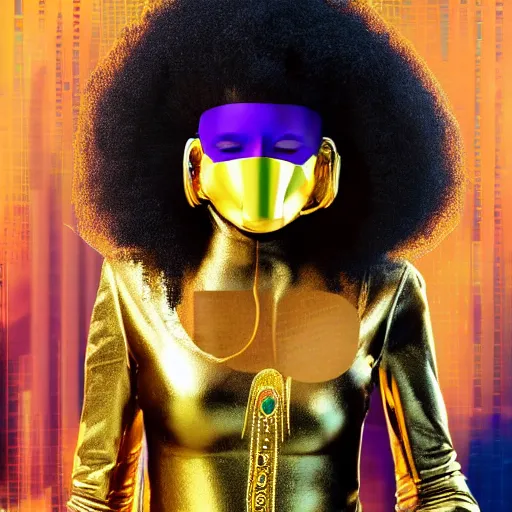 Image similar to afrofuturist woman in a crowded street wearing gold jewelry and a mask that covers the whole face, simple, cyberpunk, far shot, full body shot, costume, 1970s X-Men art style