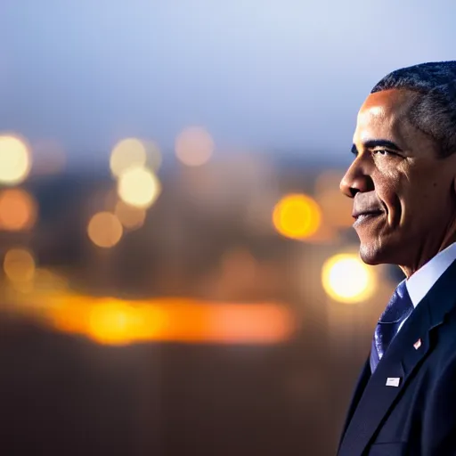 Prompt: a still of Barak Obama. Shallow depth of field. City at night in background, lights, colors ,studio lighting, mood, 4K. Profession photography