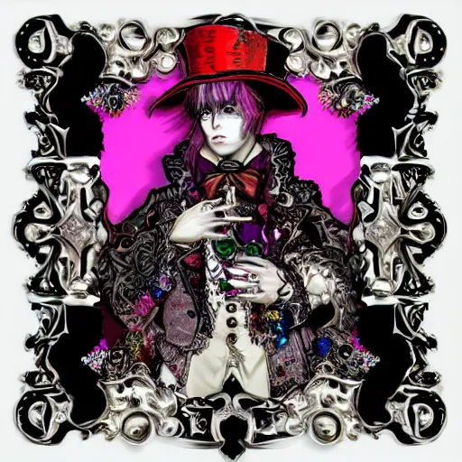 Image similar to baroque bedazzled gothic royalty frames surrounding a pixelsort emo demonic horrorcore Japanese maximalist decora Mad Hatter, sharpened early computer graphics, remastered chromatic aberration