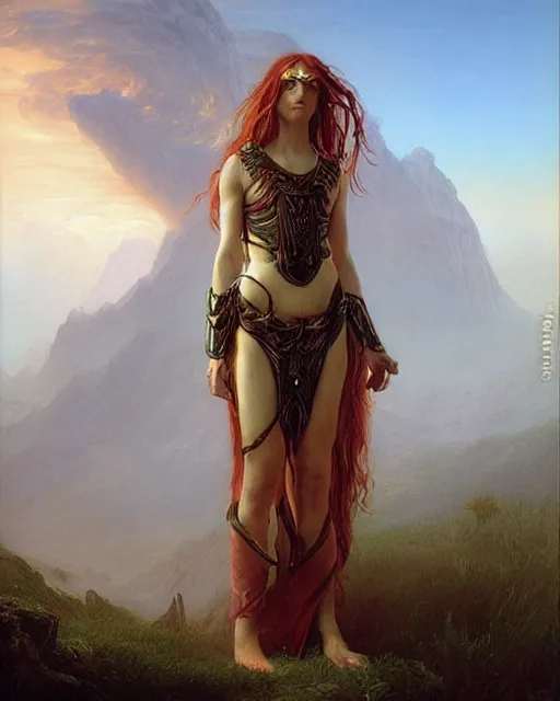 Prompt: beautiful female warrior, long flowing hair, standing in a fantasy environment, realistic oil painting by Thomas Cole and Wayne Barlowe