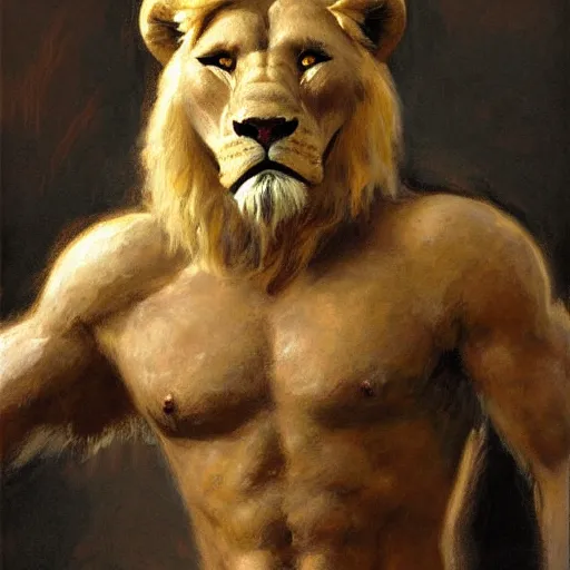 Image similar to a portrait of an anthromorphic lionman. highly detailed painting by gaston bussiere, craig mullins, j. c. leyendecker, furry