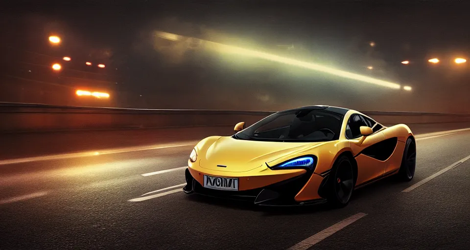 Image similar to mclaren in highway, night, digital art,ultra realistic,ultra detailed, ultra wide Lens, art by greg rutkowski