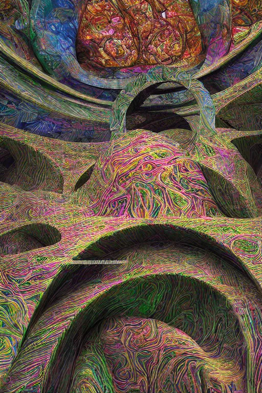 Prompt: hyperrealistic abstract close-up Renaissance psychedelic!! Frank Wright's architecture turns into biotech Zarhi Khalid's architecture!!! in the form of a mobius strip on a mountain landscape!!! beautiful fractal!! parts of the house hang as consoles in the form of lily petals, octane render, hd