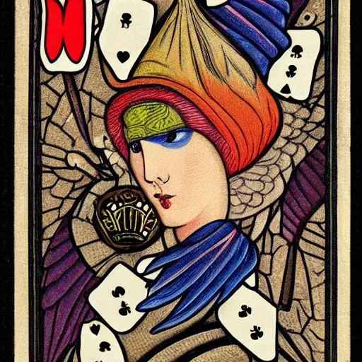 Prompt: realistic detailed face portrait of a bird holding a knife with its wings in the middle of a playing card by Art Nouveau, Neo-Gothic, gothic, playing cards, rich deep moody colors