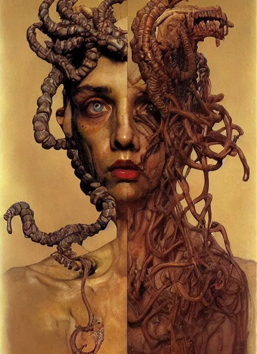 Prompt: upper body and head portrait of a gorgon in victorian living room, by lawrence alma-tadema and zdzislaw beksinski and norman rockwell and jack kirby and tom lovell and greg staples, artstation creature art