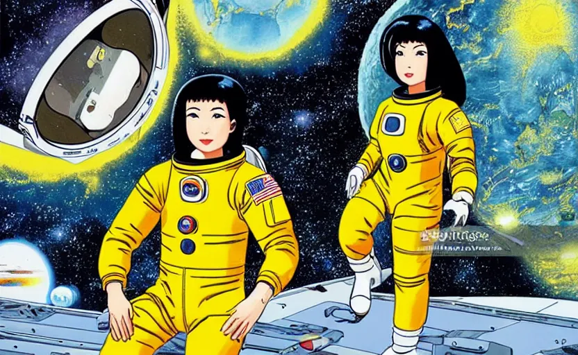 Prompt: yoko tsuno a female astronaut in yellow spacesuit floating in a scenic space environment