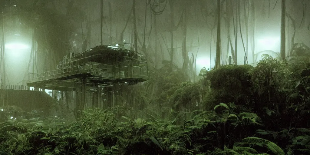 Prompt: film still of a dark scientific research outpost with complicated machinery in a moist foggy jungle, science fiction, ridley scott, lights through fog, futuristic outpost building, wet lush jungle landscape, dark sci - fi, 1 9 8 0 s, beige and dark atmosphere, ridley scott