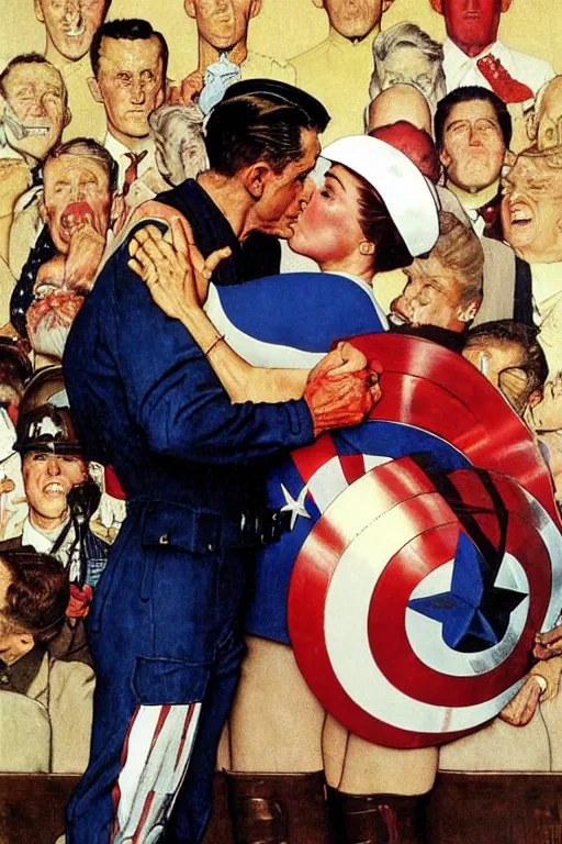 Prompt: norman rockwell painting of captain america kissing donald trump