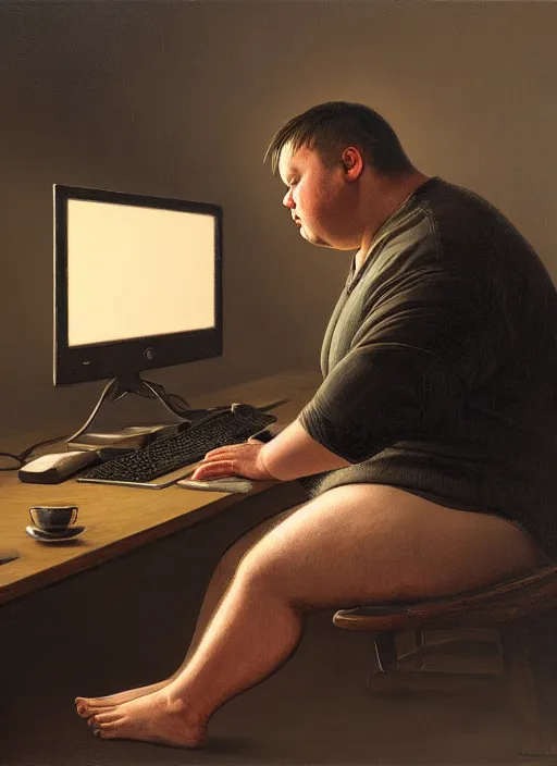 Image similar to insanely detailed chiaroscuro image of a exhausted - looking slightly fat casually - dressed programmer guy on his knees facing his glowing ultrawide computer monitor monitor begging it for forgiveness, oil on canvas, masterwork, fine detail, trending on artstation, emotive, insanely compelling, ryden, greg rutkowsky, moebius