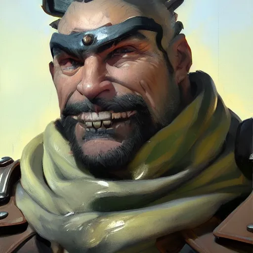 Image similar to greg manchess close - up portrait painting of a handsome older male dieselpunk orc with olive green skin as an overwatch character, medium shot, asymmetrical, profile picture, organic painting, sunny day, matte painting, bold shapes, hard edges, street art, trending on artstation, by huang guangjian and gil elvgren and sachin teng