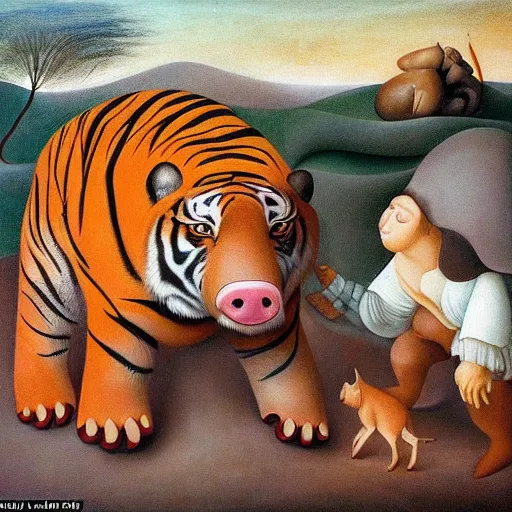 Prompt: in a dream world inspired by dunes, a tiger tries to close an important deal, a pig tries to prevent the success of the deal, in the style of fernando botero and hieronymus bosch, epic composition, insanely quality, masterpiece