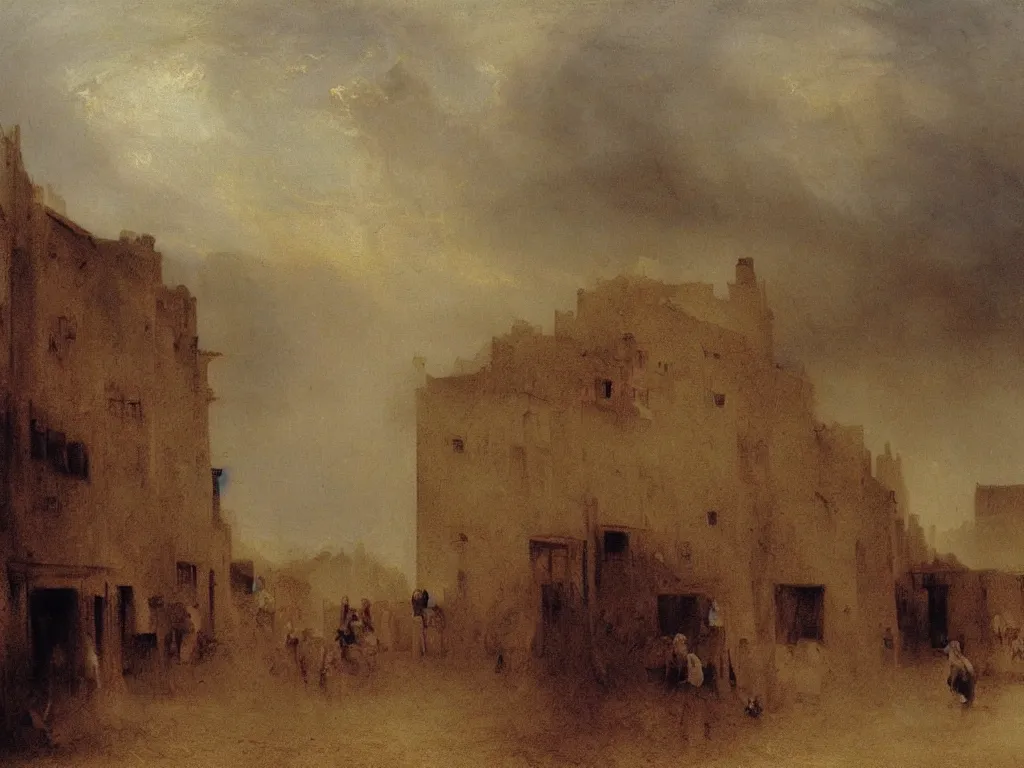 Prompt: sandstorm in the old village. Painting by Turner, Bosch