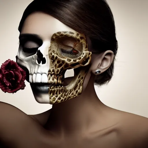Prompt: beautiful woman with a skull for a head, photorealistic, award winning, 8k,