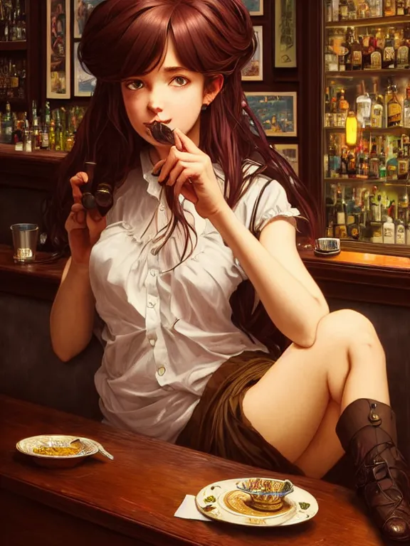 Image similar to full body picture of a girl with tobacco pipe in the bar rounge, bored, beautiful and aesthetic, intricate, unreal engine, messy hair, highly detailed, detailed face, smooth, sharp focus, chiaroscuro, manga illustration, artgerm, greg rutkowski, ilya kuvshinov, rossdraws, alphonse mucha, young adult light novel cover art