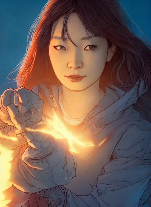 Image similar to portrait of jeon so min, falling in love, glowing with heart aura. sharp focus, cinematic pose, cinematic lighting, unreal engine render. art by josan gonzales and moebius and deathburger.