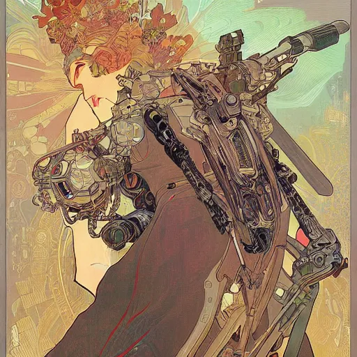 Image similar to alphonse mucha victo ngai hyperrealism combat photography of colossal combat mechs skirmishing each other with collateral damage of buildings and innocent bystanders, combat mechs huge rifles and missle explosions illusionary art psychedelic trippy gorgeous esoteric future desolate dismal dystopic future clarity coherent beautiful action cinematic photography photorealistic