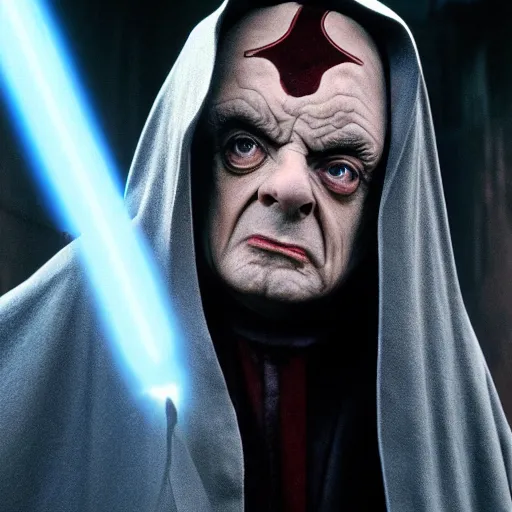 Image similar to mr. bean as darth sidious in star wars, film still, cinematic lighting, highly detailed