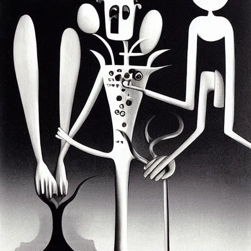 Prompt: Two extremely tall mechanical beings in a deep conversation. Dali. Yves Tanguy.