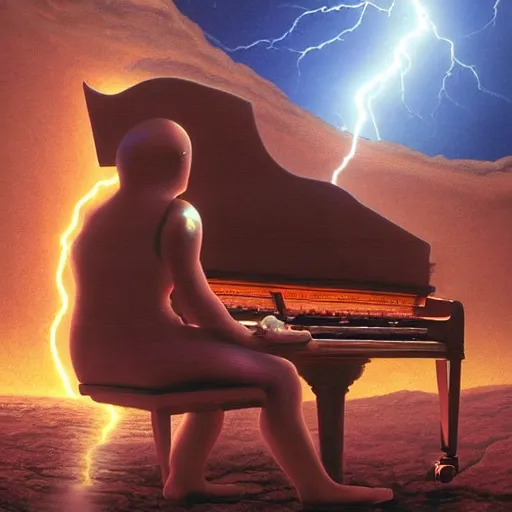 Image similar to UHD closeup of a Photorealistic Robot playing the piano during a stunning lightning storm on Mars, with a cool pose, by Antonio Caparo and Ferdinand Knab and Greg Rutkowski, UHD, photorealistic, trending on artstation, trending on deviantart