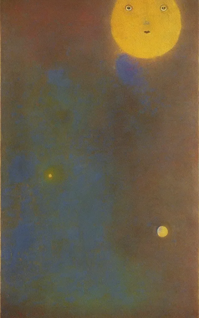 Prompt: iridescent spirit of wrath and fear cruel beautiful spirit with golden eyes lunar mythos ambient fog, award winning oil painting by Odilon Redon, lunar color palette