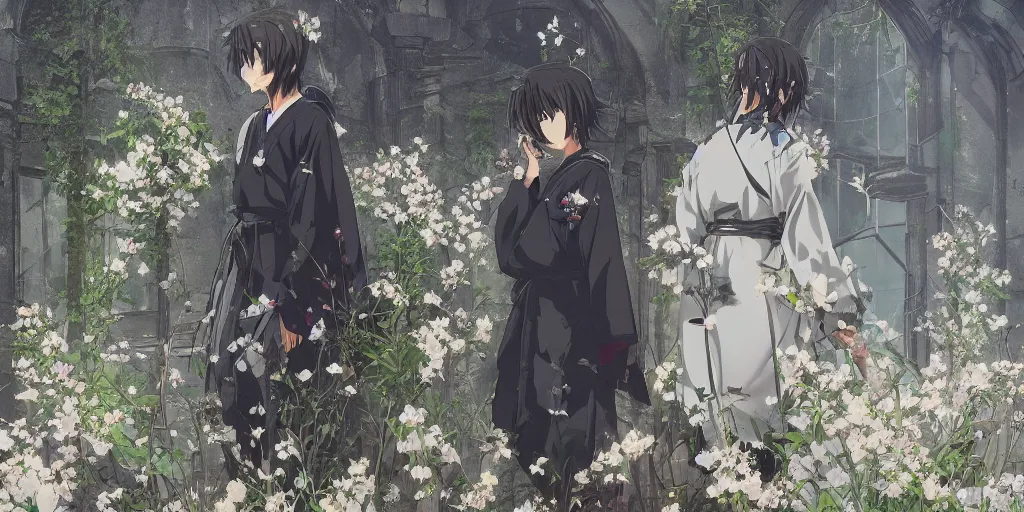 Image similar to anime kyoto animation key by greg rutkowski, perfectly detailed android hakama techwear in abandoned chapel with overgrown flowers and plants