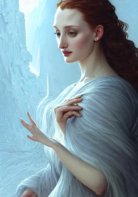 Image similar to sansa angeline jolie gessica chastain ice queen, intricate, elegant, highly detailed, digital painting, artstation, concept art, smooth, sharp focus, illustration, art by artgerm and greg rutkowski and alphonse mucha and william - adolphe bouguereau