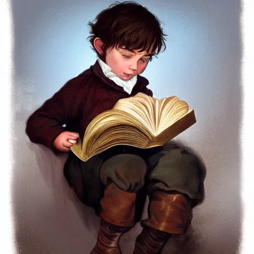 Prompt: 1830s young boy trying to read a book, highly detailed, digital painting, artstation, concept art, art by artgerm and Johfra Bosschart