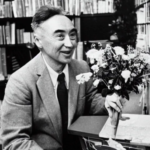 Prompt: photo of robert oppenheimer selling flowers