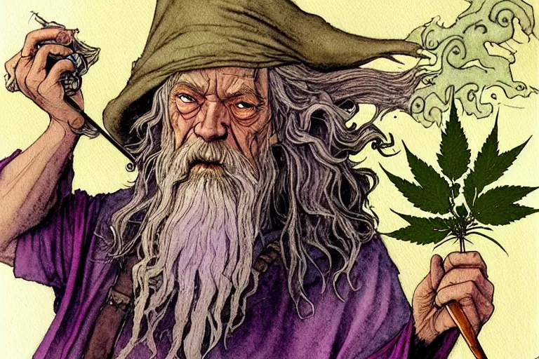 Image similar to a realistic and atmospheric watercolour fantasy character concept art portrait of gandalf with pink eyes lying on his back looking happy and confused and smoking weed out of his pipe with a pot leaf nearby, by rebecca guay, michael kaluta, charles vess and jean moebius giraud