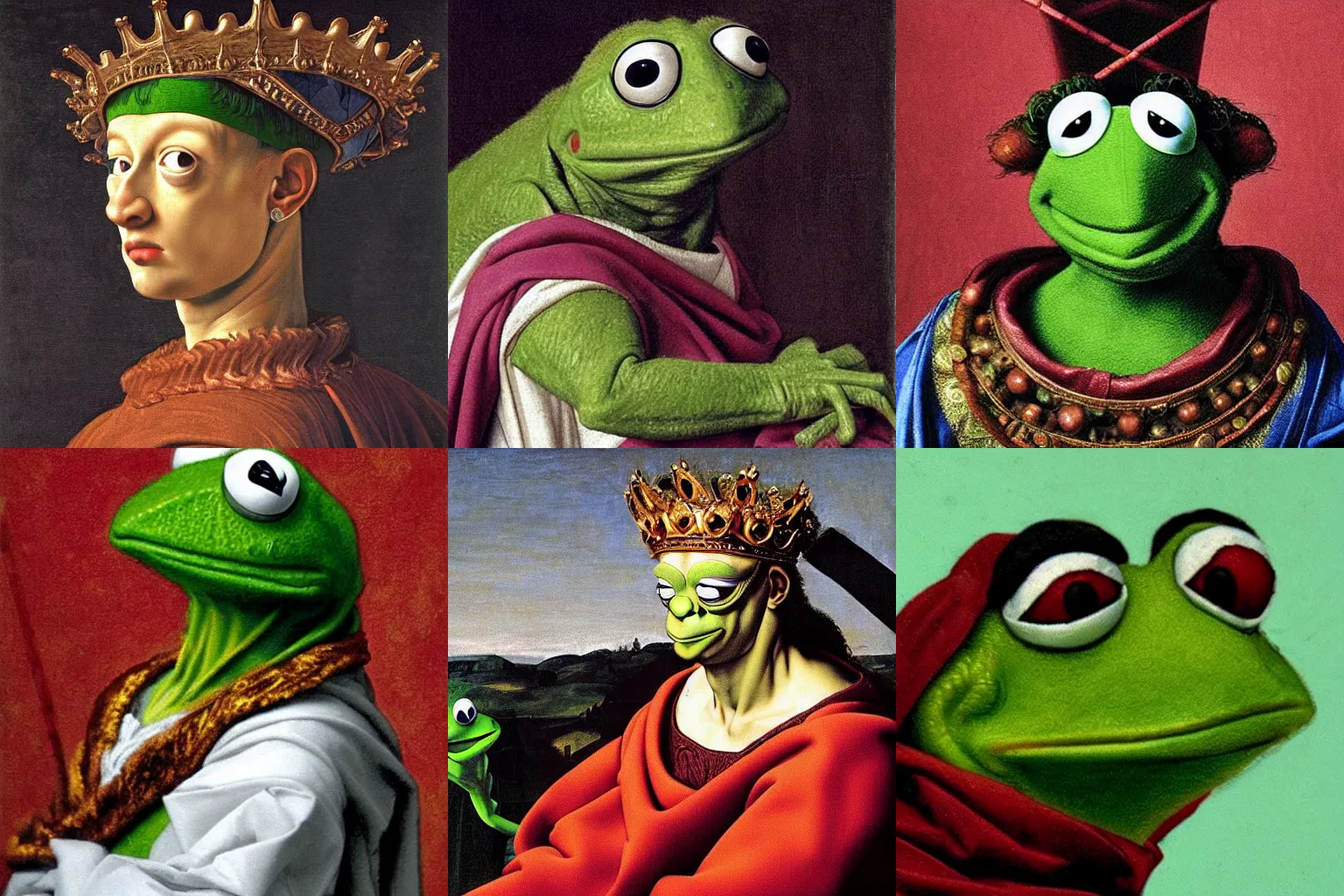 Image similar to A extremely highly detailed majestic hi-res beautiful, highly detailed head and shoulders painting of kermit the frog in royal medieval kingly robes by Michelangelo Merisi da Caravaggio,