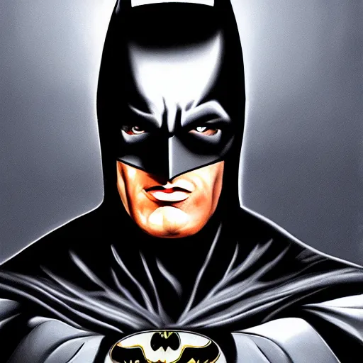 Prompt: A portrait painting of the muscular batman