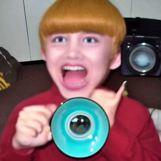 Image similar to an annoying nerd, buck teeth, bowl cut, fisheye lens