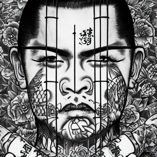 A Frontal portrait of a heavily tattooed Yakuza gang