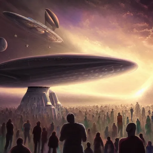 Image similar to thousands of people next to a big spaceship, fantasy art