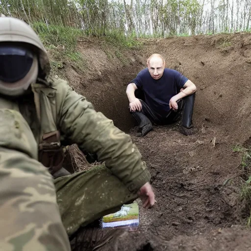 Image similar to Putin is sitting in a trench somewhere in Ukraine.