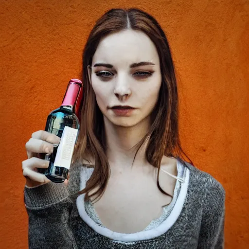 Image similar to photograph of woman holding a bottle in street, fashion shoot, award winning, kodak, 4 k, realistic intricate detail, hyper detail, woman very tired, full body potrait holding bottle, hazel green eyes, realistic, highlydetailed, natural, masterpiece, sharp focus, jennysaville