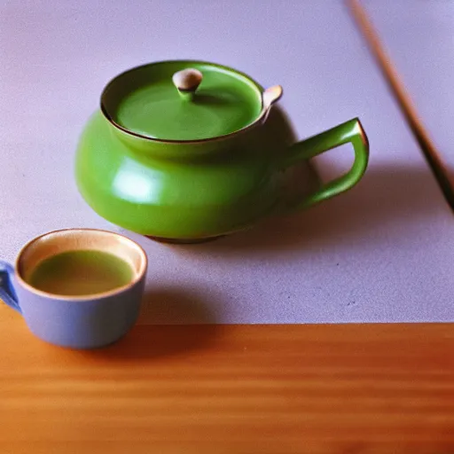 Image similar to impressonism nostalgic photograph of a teapot on a wooden table next to a cup of matcha tea, portra 800