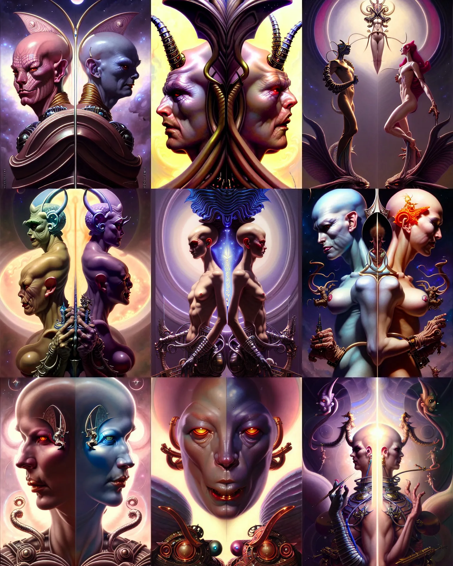 Image similar to beautiful gemini good and evil fantasy character portrait, ultra realistic, wide angle, intricate details, the fifth element artifacts, highly detailed by peter mohrbacher, hajime sorayama, wayne barlowe, boris vallejo, aaron horkey, gaston bussiere, craig mullins