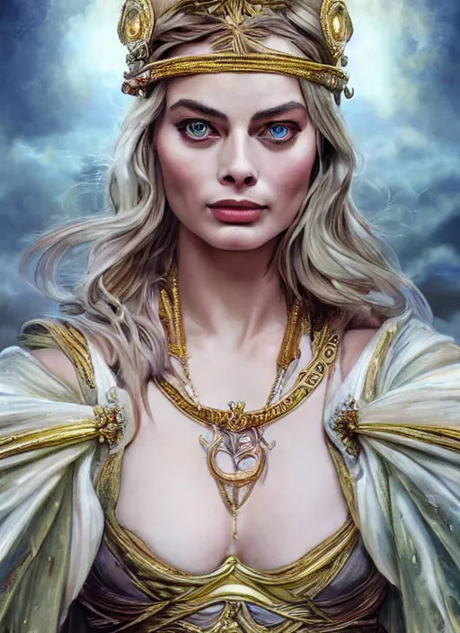 Image similar to Margot Robbie as a Greek Goddess, beautiful detailed eyes, cute, fantasy, intricate, elegant, highly detailed, digital painting, 4k, HDR, concept art, detailed jewelry, smooth, sharp focus, illustration, art by Artgerm, H R Giger and Alphonse Mucha