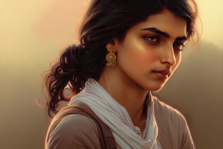 Image similar to Anxious pretty pale young Indian doctor wearing jeans at the airport, portrait, elegant, intricate, digital painting, artstation, concept art, smooth, sharp focus, illustration, art by artgerm and greg rutkowski and alphonse mucha