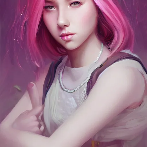 Image similar to portrait of teen girl, pink hair, gorgeous, amazing, elegant, intricate, highly detailed, digital painting, artstation, concept art, sharp focus, illustration, art by Ross tran