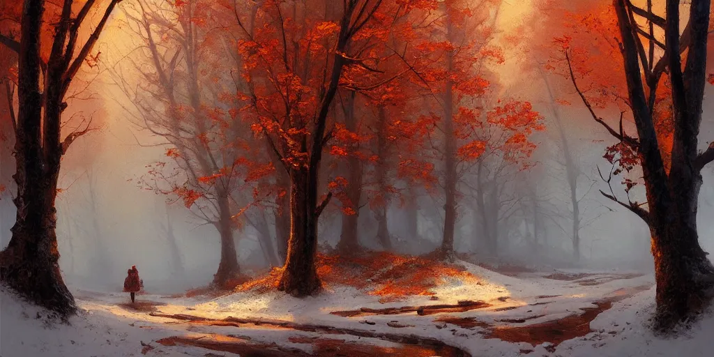 Prompt: A beautiful oil painting of a valley covered in snow, trees with red and orange leaves, yellow lighting, gloomy, atmospheric lighting, detailed, by greg rutkowski, trending on artstation