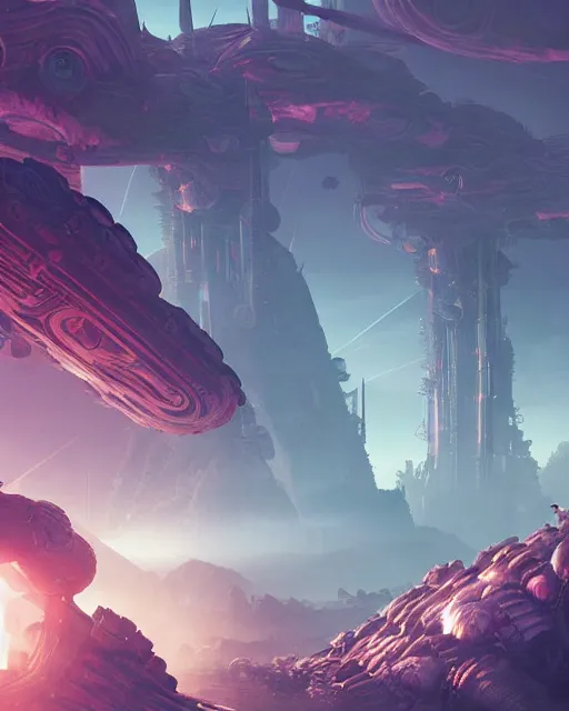 Image similar to alien temple, beautiful landscape, nier automata, protoss!!!!, machine planet, mothership in the sky, pink sun, tropical forest, colorful light, advanced technology, cinematic lighting, highly detailed, masterpiece, art by bastien grivet and darwin cellis and jan urschel