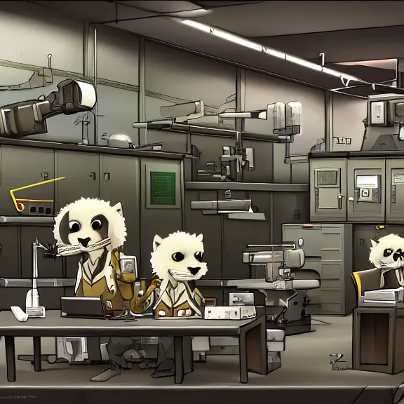 Prompt: highly detailed weapons laboratory, clean and organized, quantum technology, with anthropomorphic furry researchers in military uniforms, tables, parts, gun scraps, windows, sci fi, Extremely detailed digital art, furry art, furaffinity, DeviantArt, HD artstation