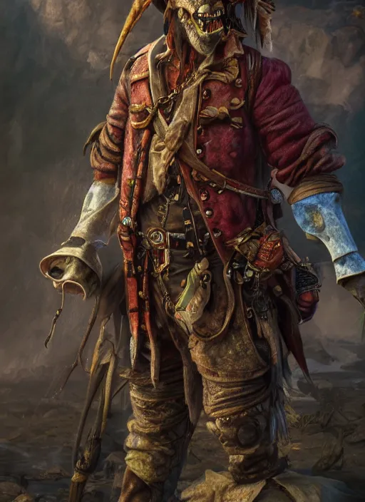 Prompt: realistic full body concept art illustration oil painting of a pirate in insanely detailed and intricately colored clothing, octane render, sss, postprocessing, 4k, cinematic lighting, unreal engine