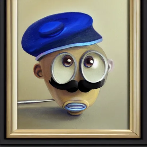 Image similar to Cute round blue robot with mustache and french beret holding a brush, portrait, photorealism