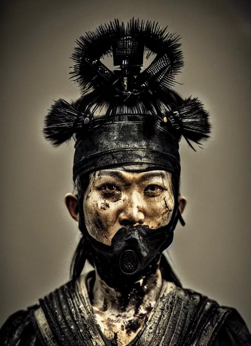 Image similar to samurai portrait photo, wearing all black mempo mask, after a battle, war scene, dirt and unclean, extreme detail, cinematic, dramatic lighting render, extreme photorealism photo by national geographic, paolo roversi, masterpiece