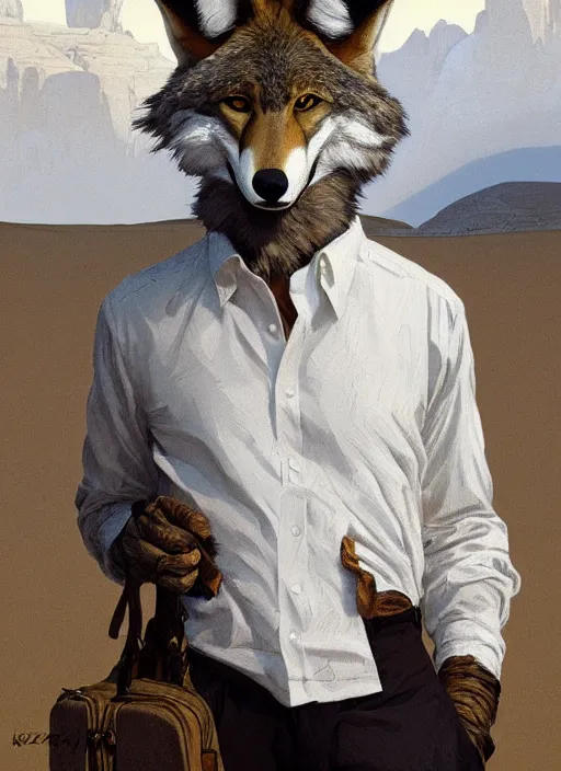 Prompt: Character portrait of a happy furry anthro coyote wearing a white button-down shirt and black slacks in the desert wilderness, intricate, elegant, highly detailed, digital painting, artstation, concept art, smooth, sharp focus, illustration, art by Krenz Cushart and Artem Demura and alphonse mucha